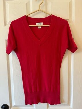 LOFT Bright Pink V-Neck Short Sleeve Knit Top